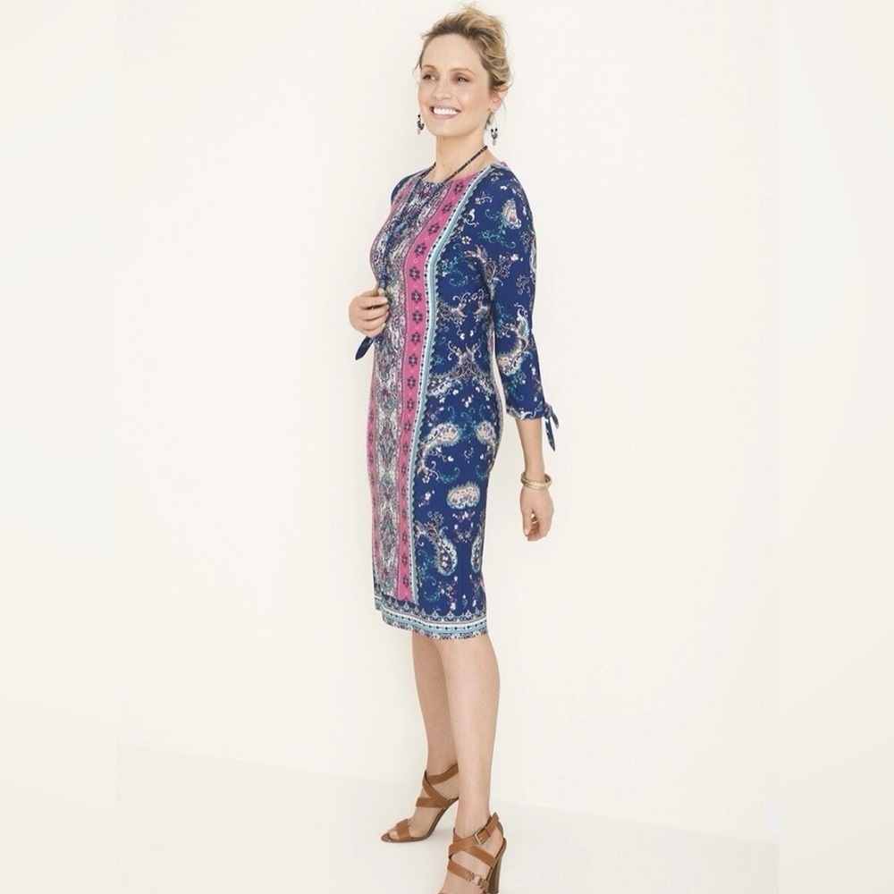 Chicos Medallion Print Tie Sleeve Dress Size 3 US XL 3/4 Tie Sleeves Stretch